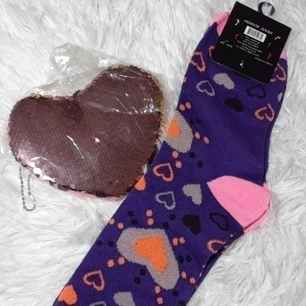 ☄Lovley Socks & Sequin Heart Coin Pouch Set